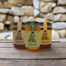 Φόρτωση εικόνας στο εργαλείο προβολής Συλλογής, Three jars of Mama Pelagia honey on a white background