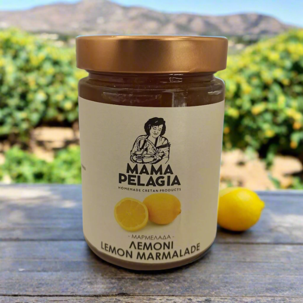 Jar of Mama Pelagia Lemon Marmalade with a gold lid on a light background