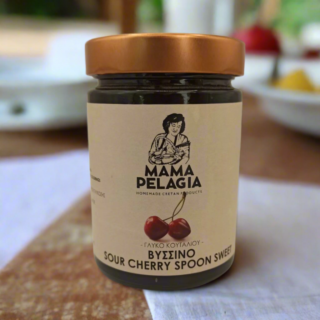 Jar of Mama Pelagia sour cherry spoon sweet on a white background