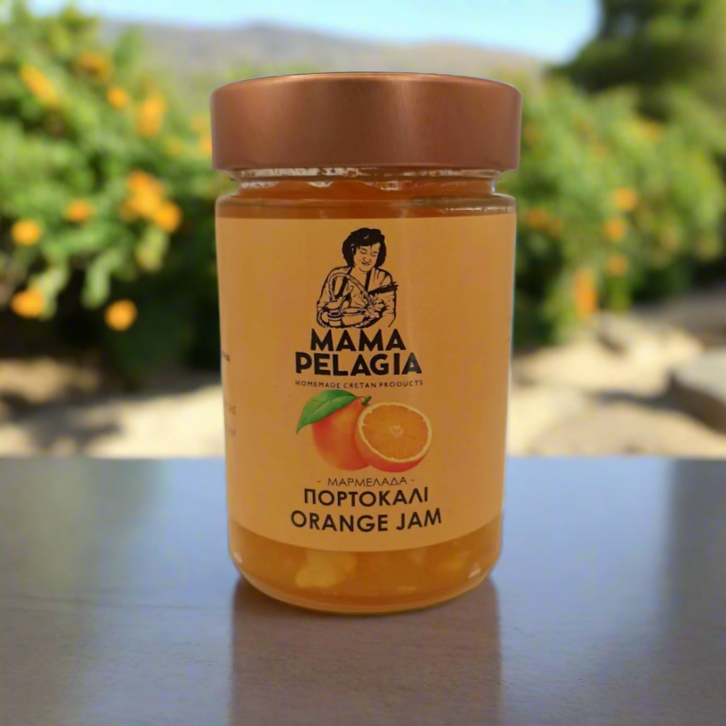 Jar of Mama Pelagia orange jam on a white background