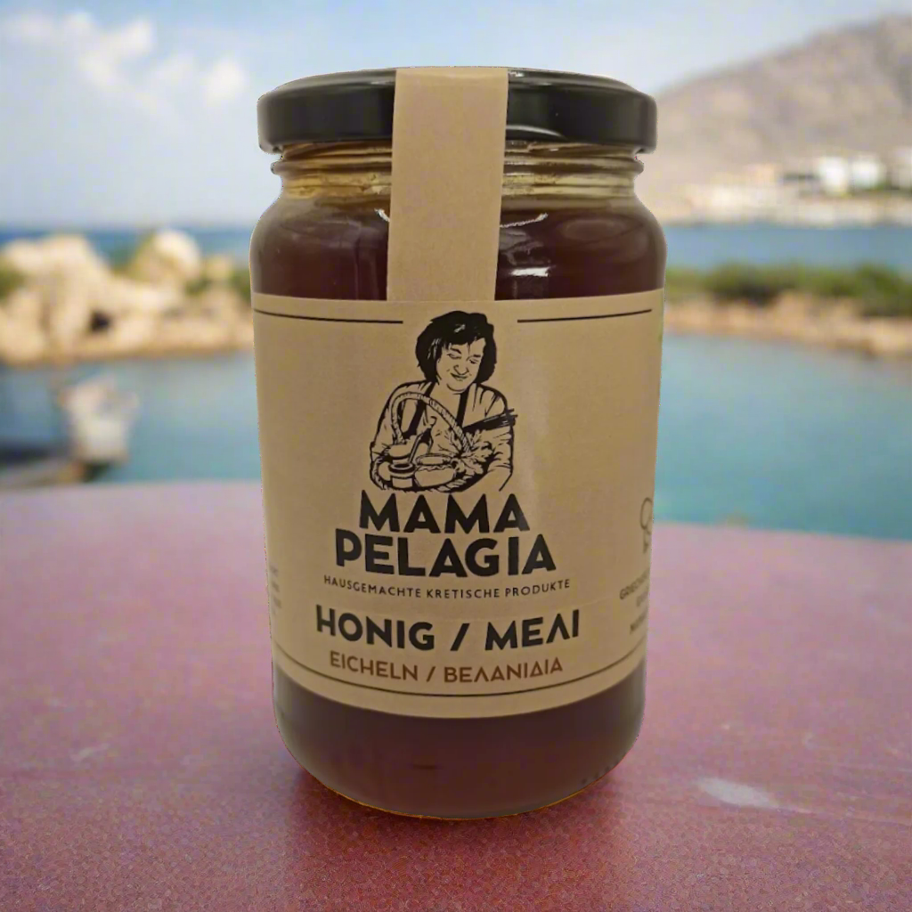 Jar of Mama Pelagia honey with a scenic background